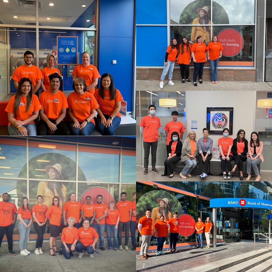 Collage des membres de cinq équipes de succursales de BMO portant un chandail orange à l’occasion de la Journée nationale de la vérité et de la réconciliation