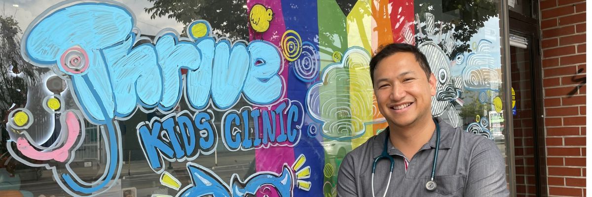 Dr. Buencamino outside of his Ontario pediatric office, Thrive Kids Clinic.